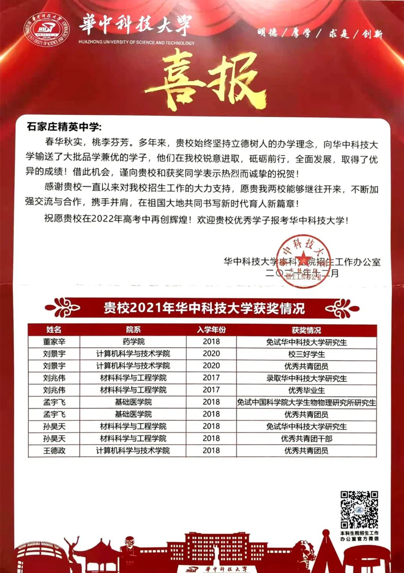 华中科技大学喜报